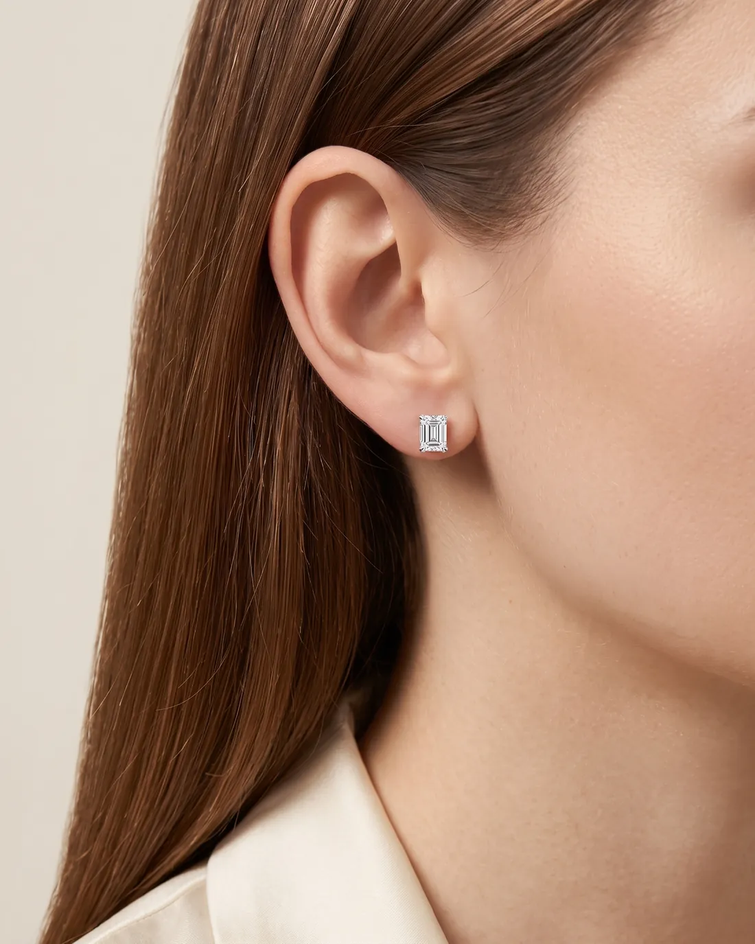 ORTIGAS Emerald Cut Studs earrings, worn on the ear