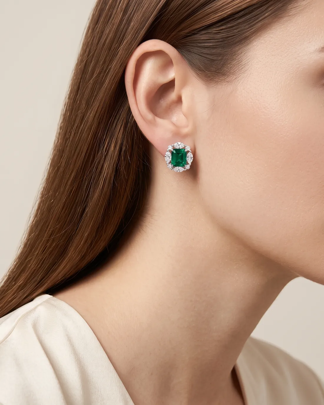 ORTIGAS Emerald Petal Studs earrings, worn on the ear