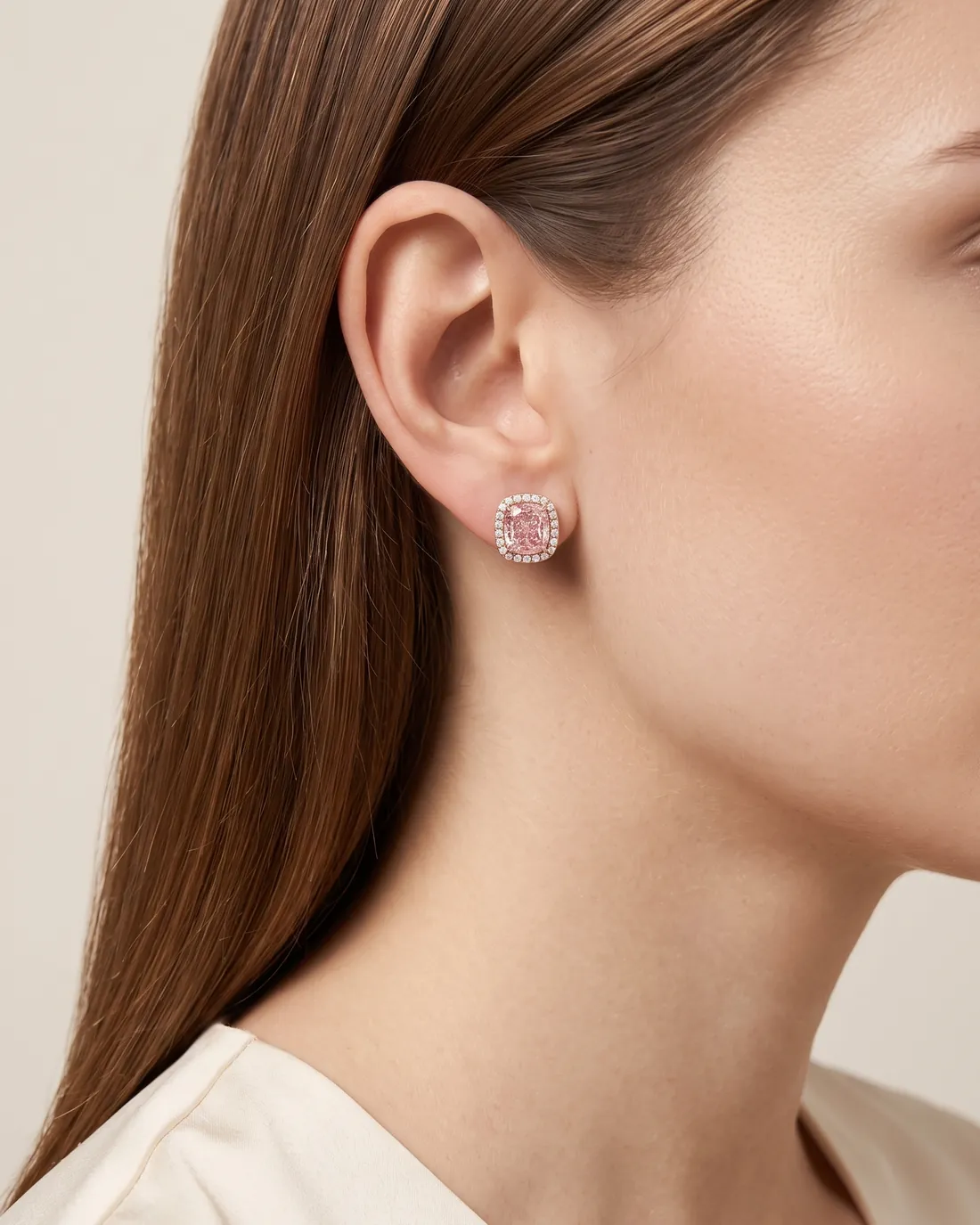 ORTIGAS Pink Halo Studs earrings, worn on the ear