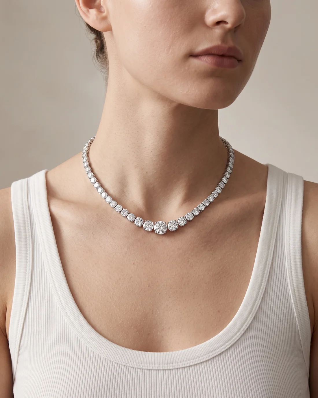 ORTIGAS Graduated Riviere necklace, worn on the neck
