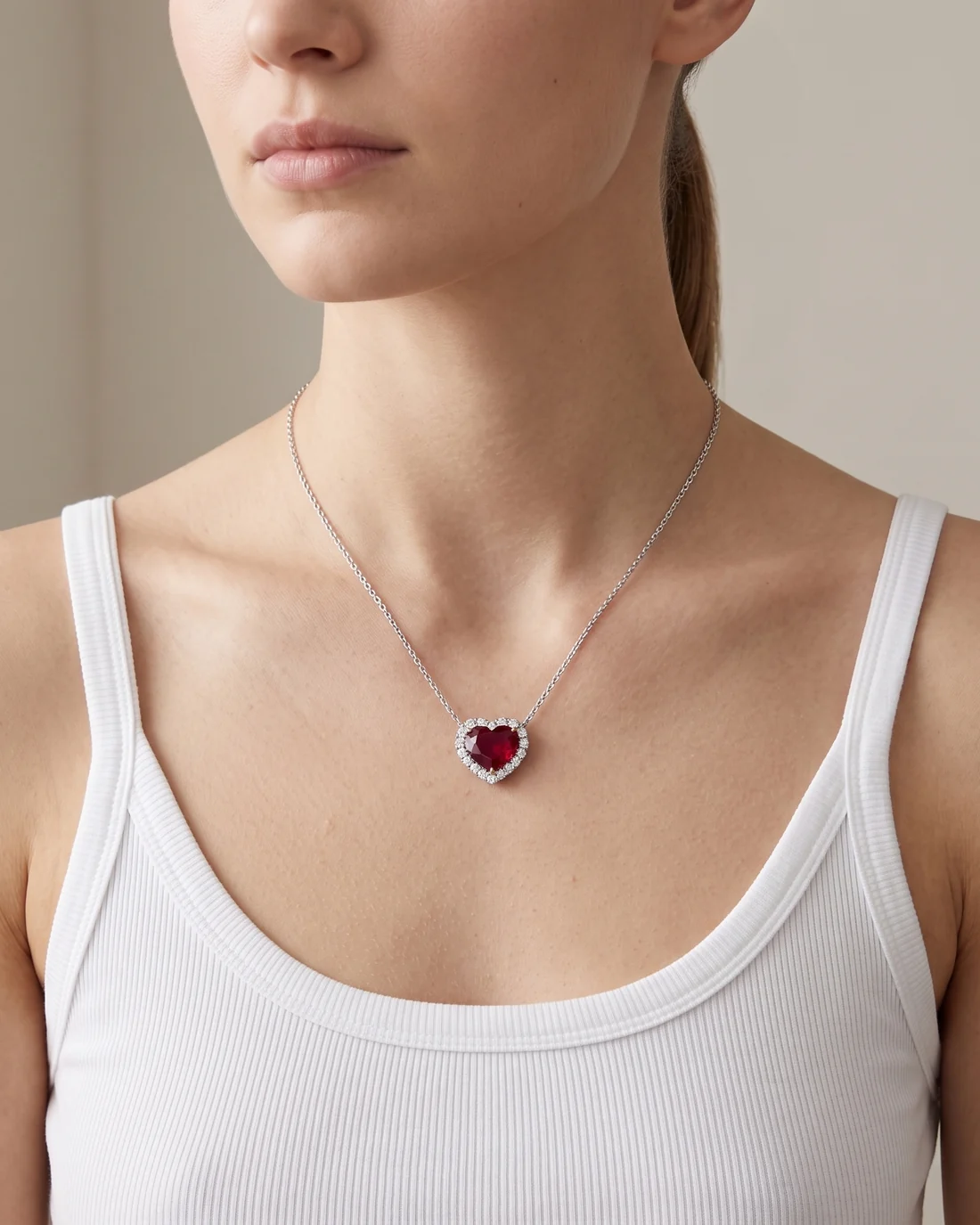 ORTIGAS Red Heart Halo necklace, worn on the neck