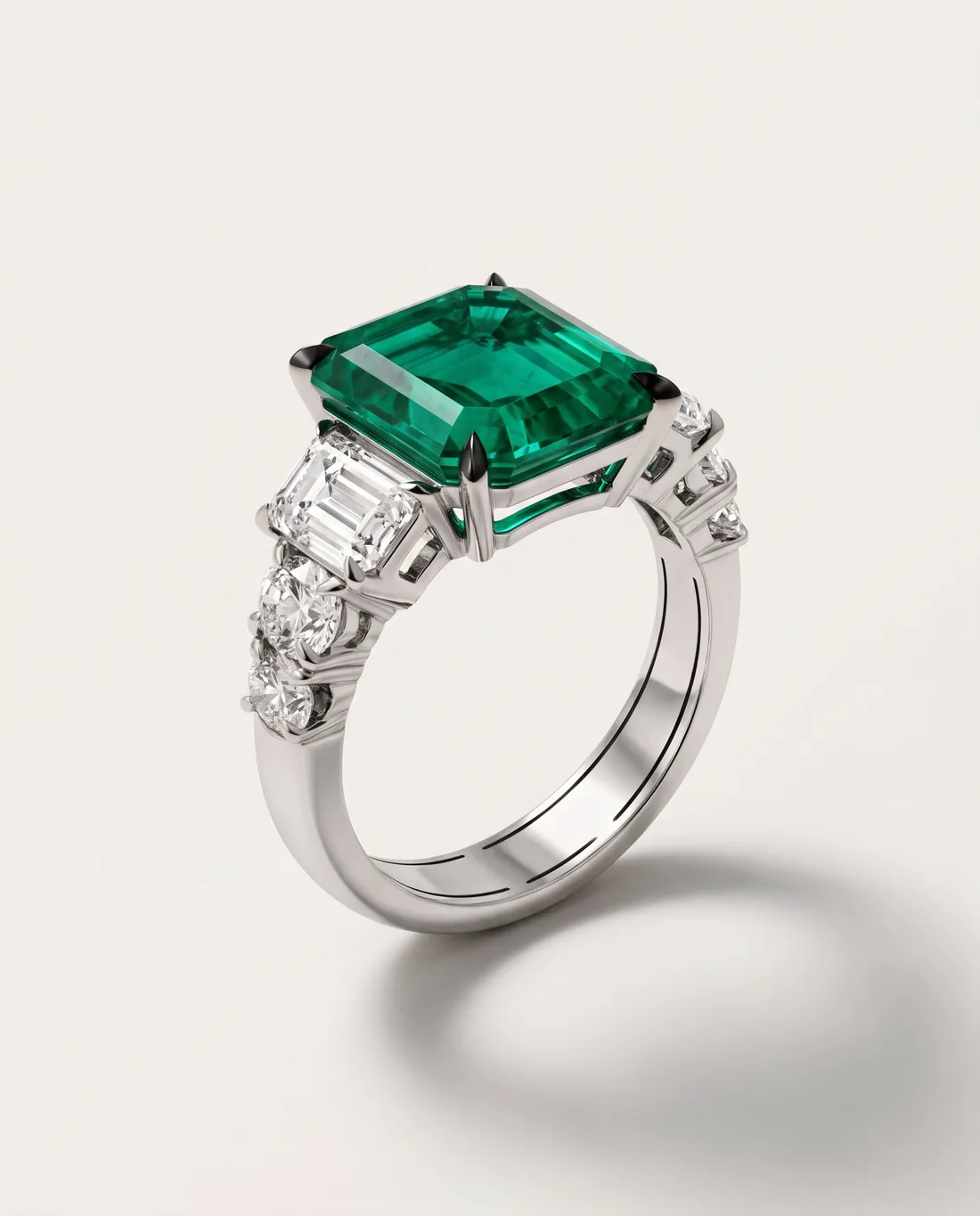 ORTIGAS Emerald Baguette ring, three-quarter view