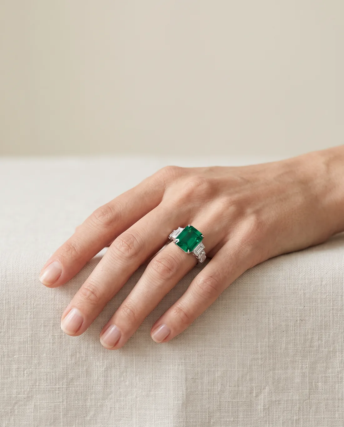 ORTIGAS Emerald Baguette ring, worn on the hand