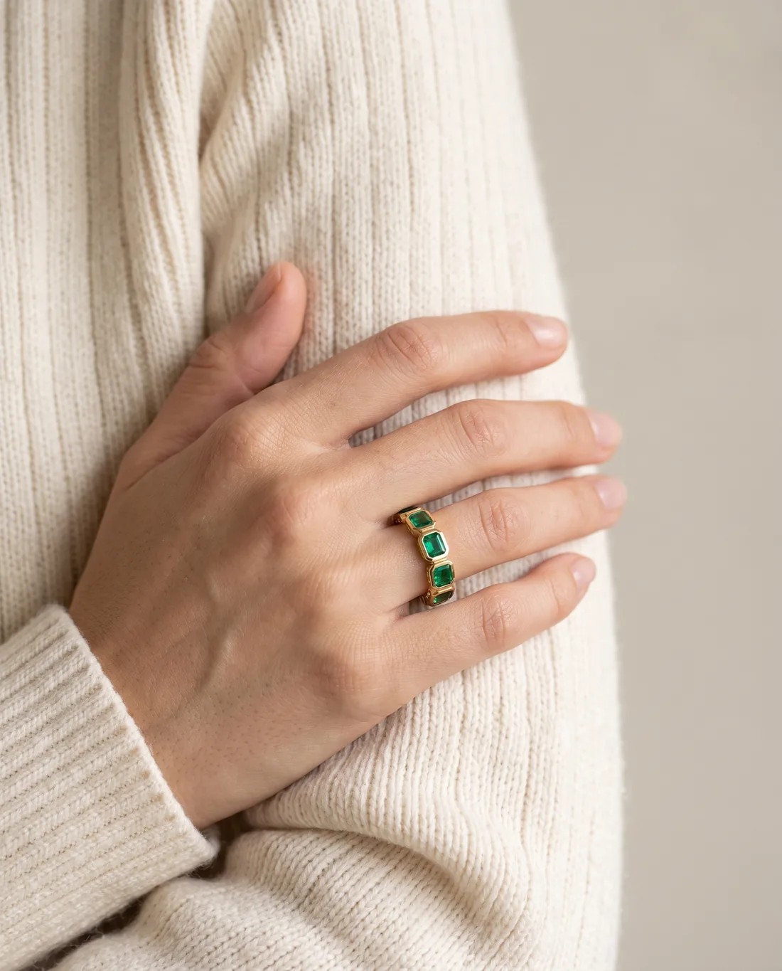 ORTIGAS Emerald Bezel Band ring, worn on the hand